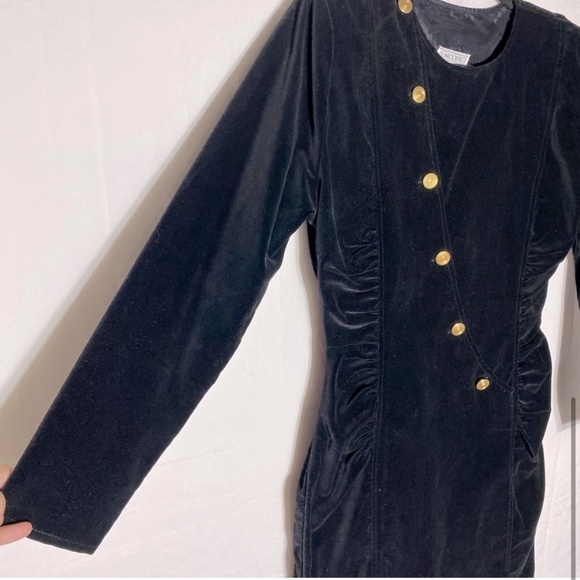 Vintage Encore Black Velvet Ling Sleeve Bodycon Mini Dress With Shoulder Pads M - Picture 7 of 16